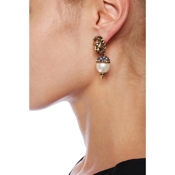 RARE ๐ ๐ Gucci Metal Crystal Lion Glass Pearl Earrings Aged Gold - Picture 3 of 8